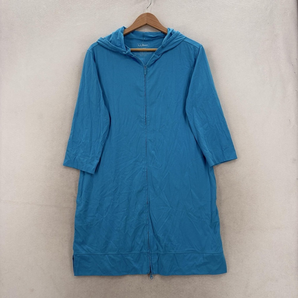 L.L. Bean Zip Front Cover Up Womens Small Blue Cotton Hooded 3/4 Sleeve Beach